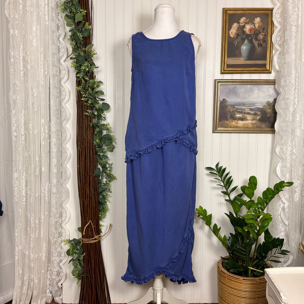 Russ Berens Malibu USA 2 Piece Set XS Blue Excellent Vintage Ruffle Tencel
